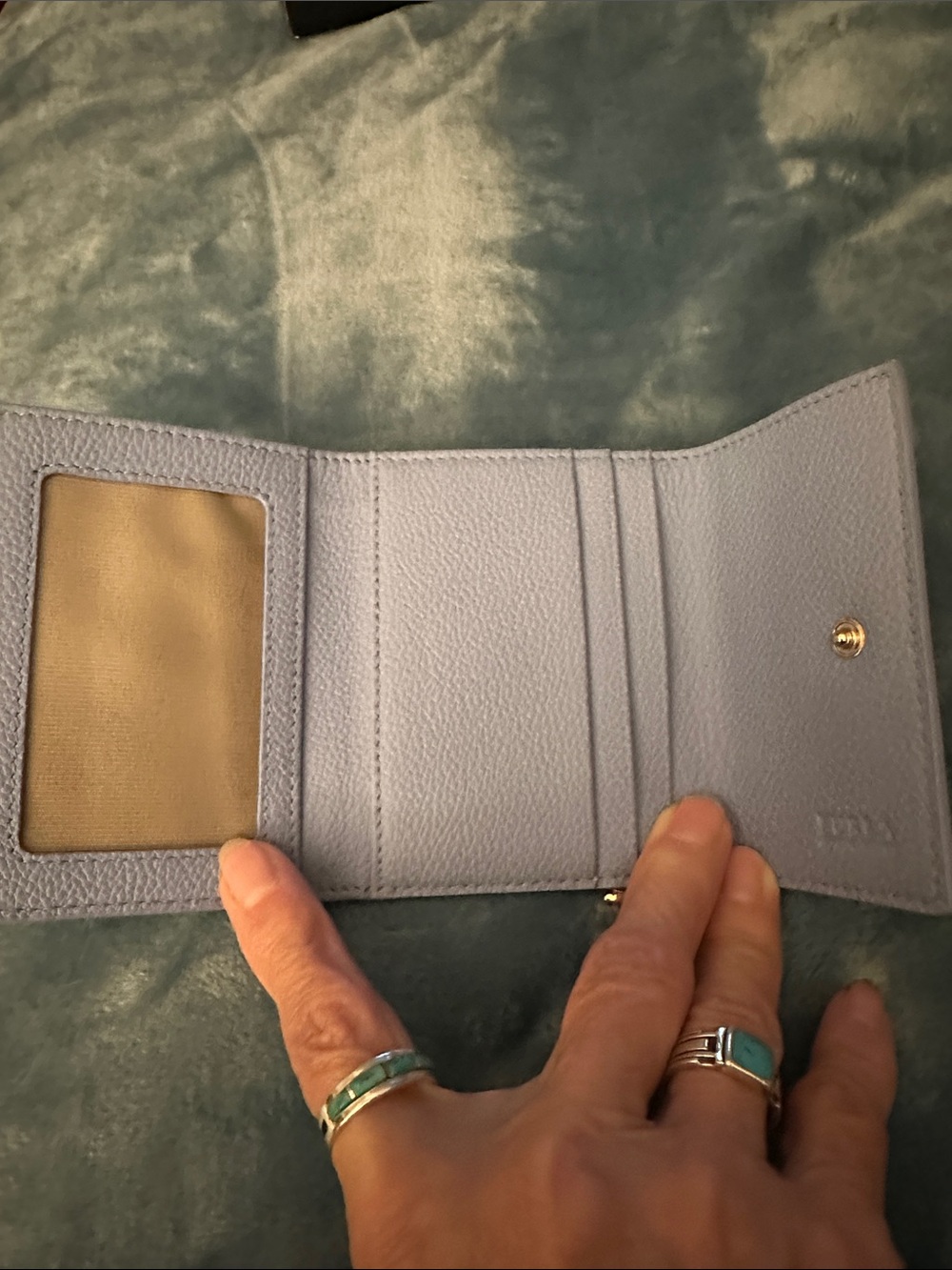 Furla Dusty Blue Pebbled Leather Compact Wallet with Gold Plaque - Picture 3 of 4